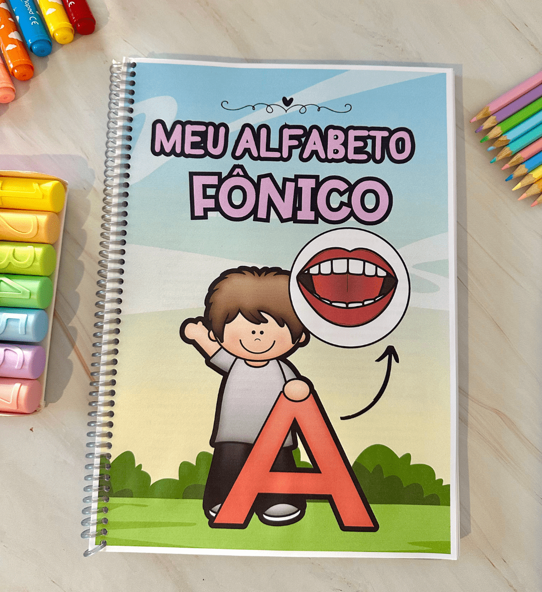 Alfabeto fônico em PDF com atividades e boquinhas para colorir — capa do material