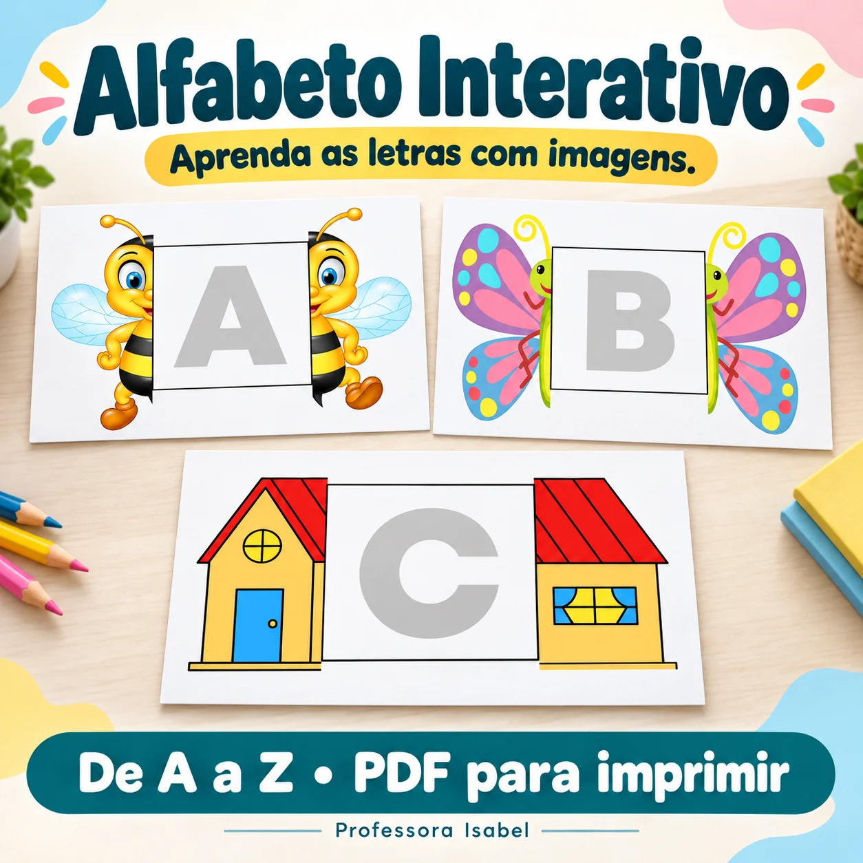 Alfabeto Interativo de A a Z para Imprimir – PDF — Alfabetização para Educação Infantil: Alfabeto interativo de A a Z com…