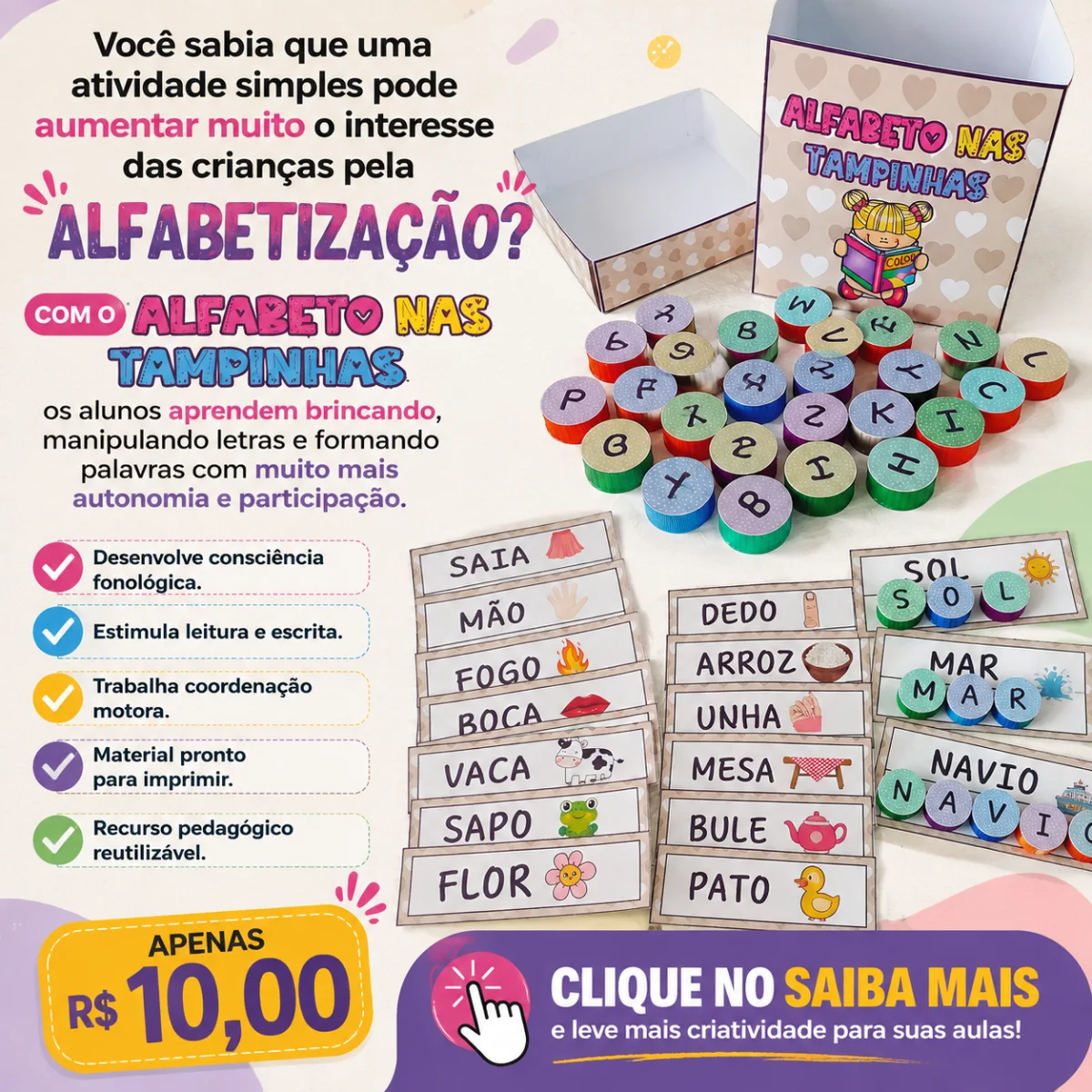 📝Alfabeto nas tampinhas - ALFABETIZAÇÃO INICIAL — Alfabetização para Educação Infantil: 📝Alfabeto nas tampinhas: ✅Recurso…