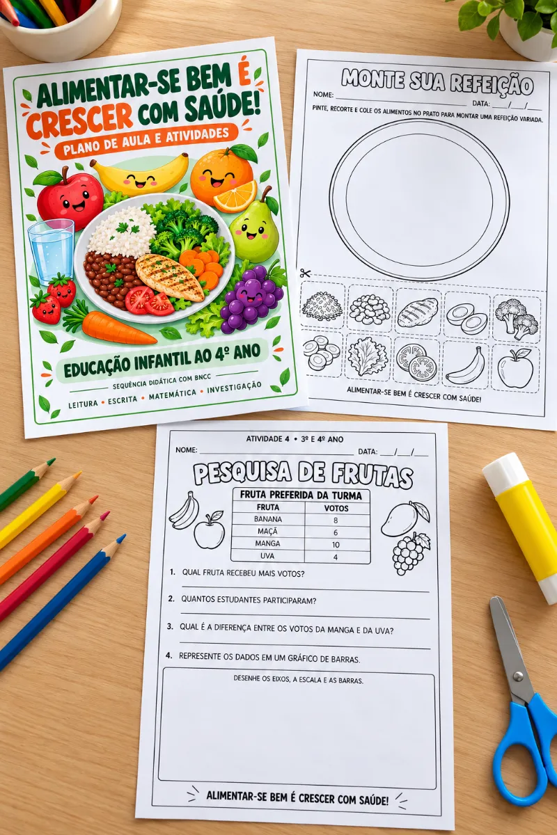 Alimentação Saudável – Atividades e Painel com BNCC — amostra 4: Alimentação Saudável em PDF com planejamento BNCC,…