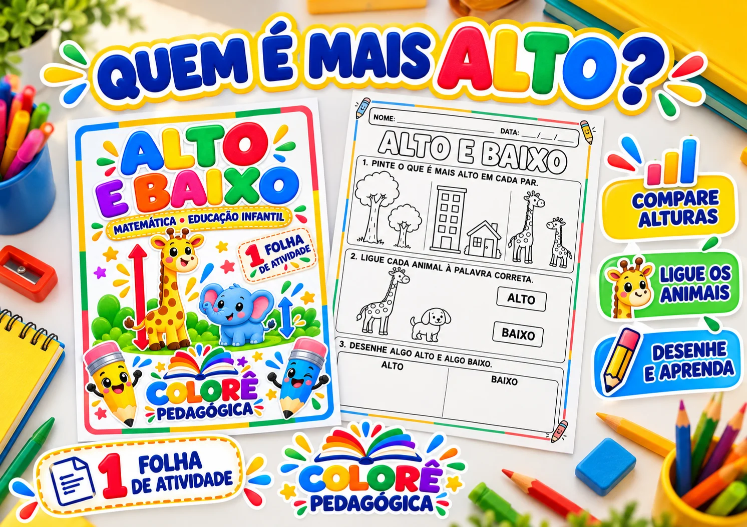 Alto e baixo, atividade de Matemática para Educação Infantil | PDF A4 — amostra 1: O PDF contém 3 páginas A4: capa, uma…