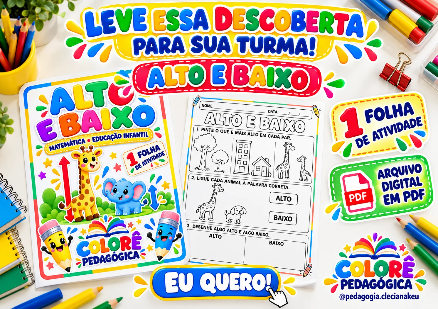 Alto e baixo, atividade de Matemática para Educação Infantil | PDF A4 — amostra 2: Uma atividade ilustrada para reconhecer…