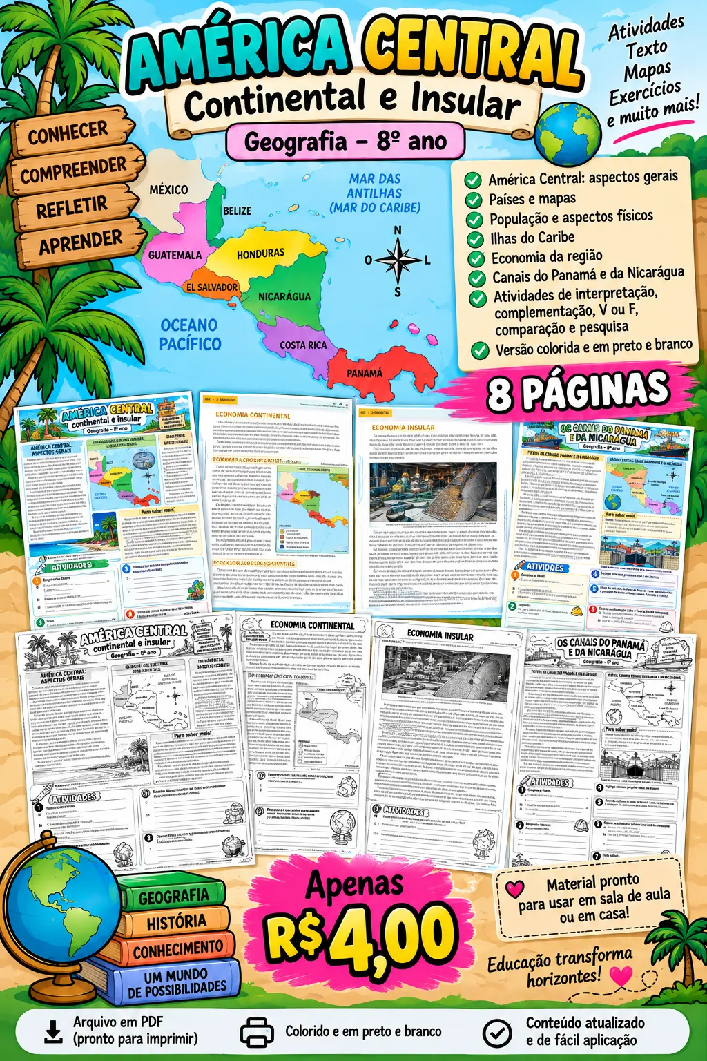 América Central – Atividades para Imprimir — Geografia para Fundamental II (6º–9º): Descrição do material – América Central…
