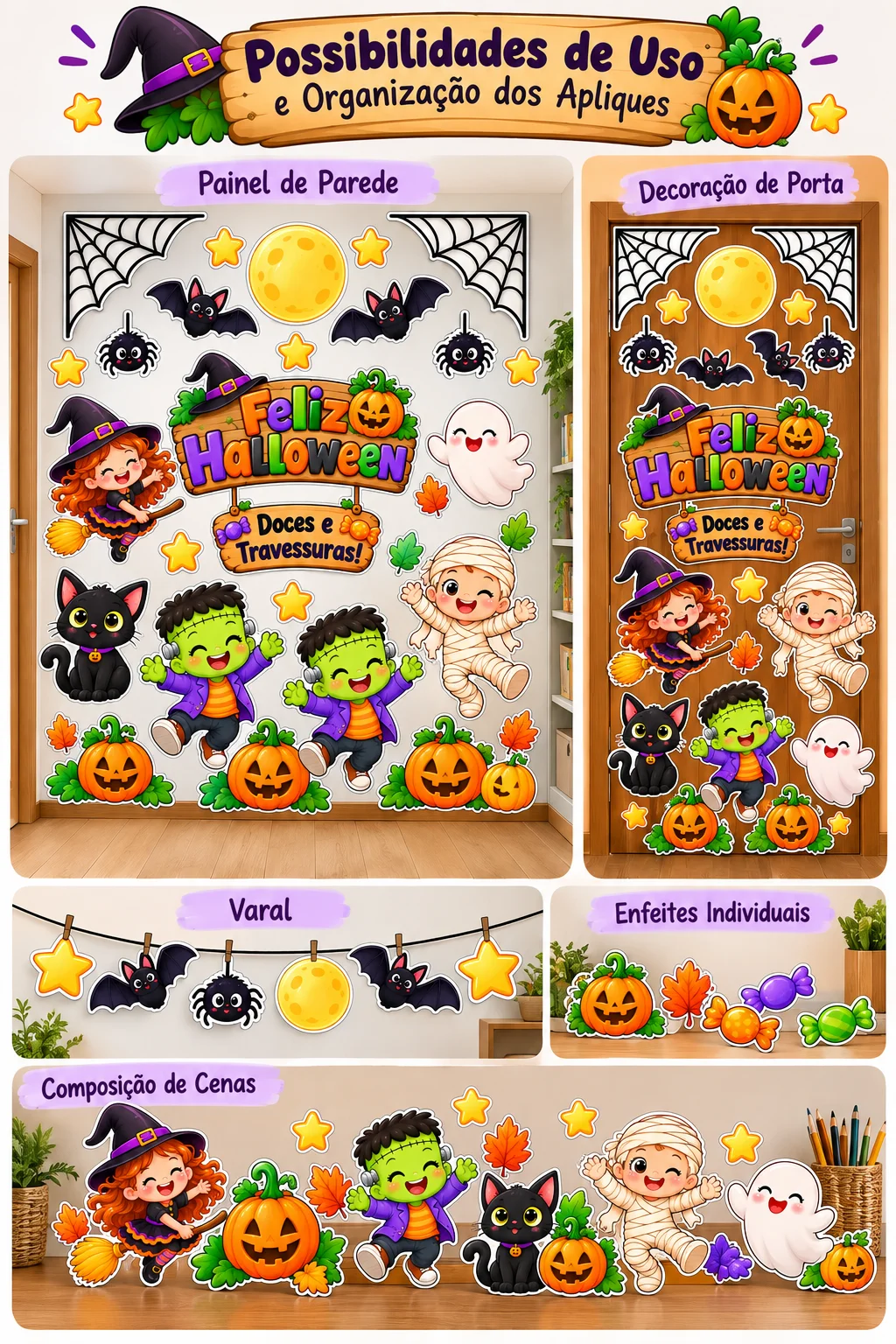 Apliques de Halloween para Decorar Porta, Painel e Sala de Aula — amostra 2: Você poderá criar combinações com