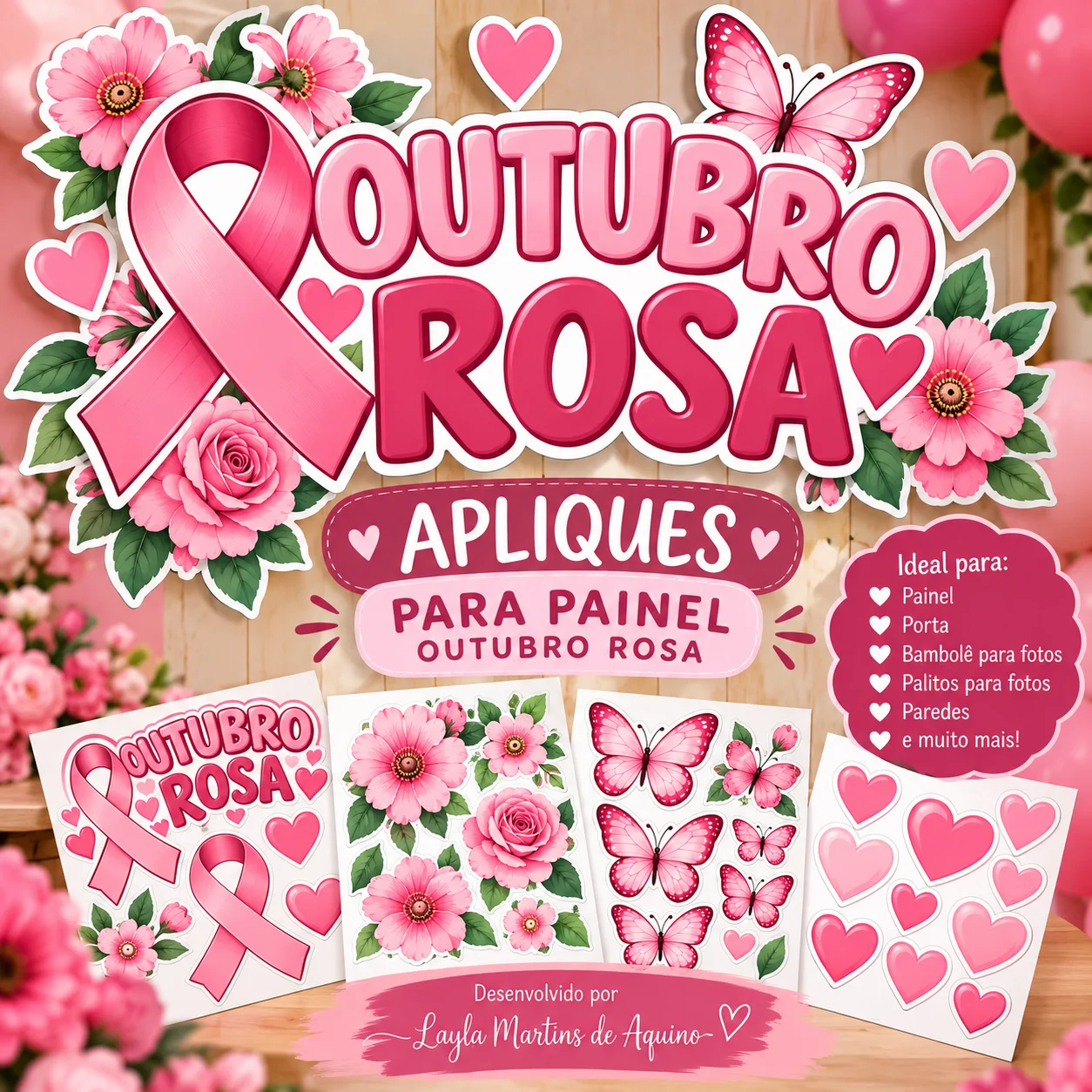 Apliques Outubro Rosa para Painel e Decoração | PDF para Imprimir — amostra 4: Apliques de diversos tamanhos do Outubro… Apliques Outubro Rosa para Painel e Decoração | PDF para Imprimir — amostra 4: Apliques de diversos tamanhos do Outubro…
