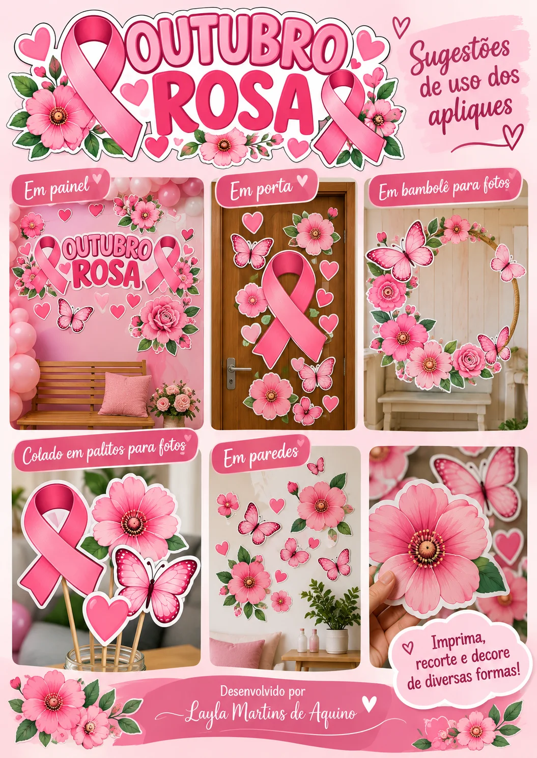 Apliques Outubro Rosa para Painel e Decoração | PDF para Imprimir — Datas comemorativas para Educação Infantil: Apliques de…