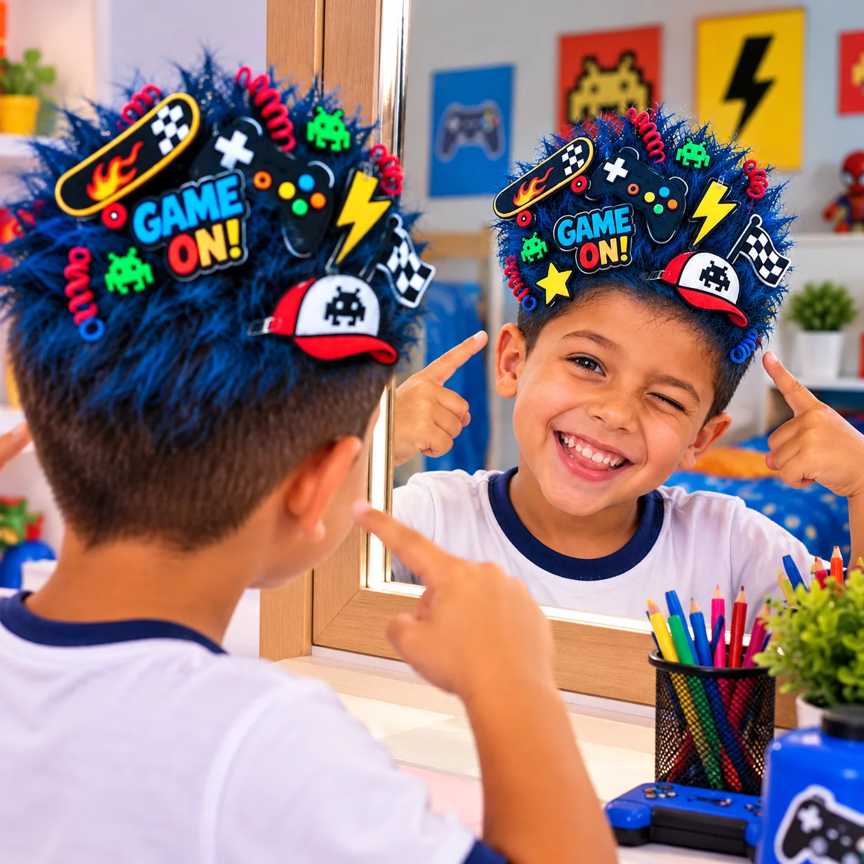 APLIQUES PARA CABELO MALUCO MENINO – GAME ON! — amostra 1: Deixe o Dia do Cabelo Maluco ainda mais divertido e criativo