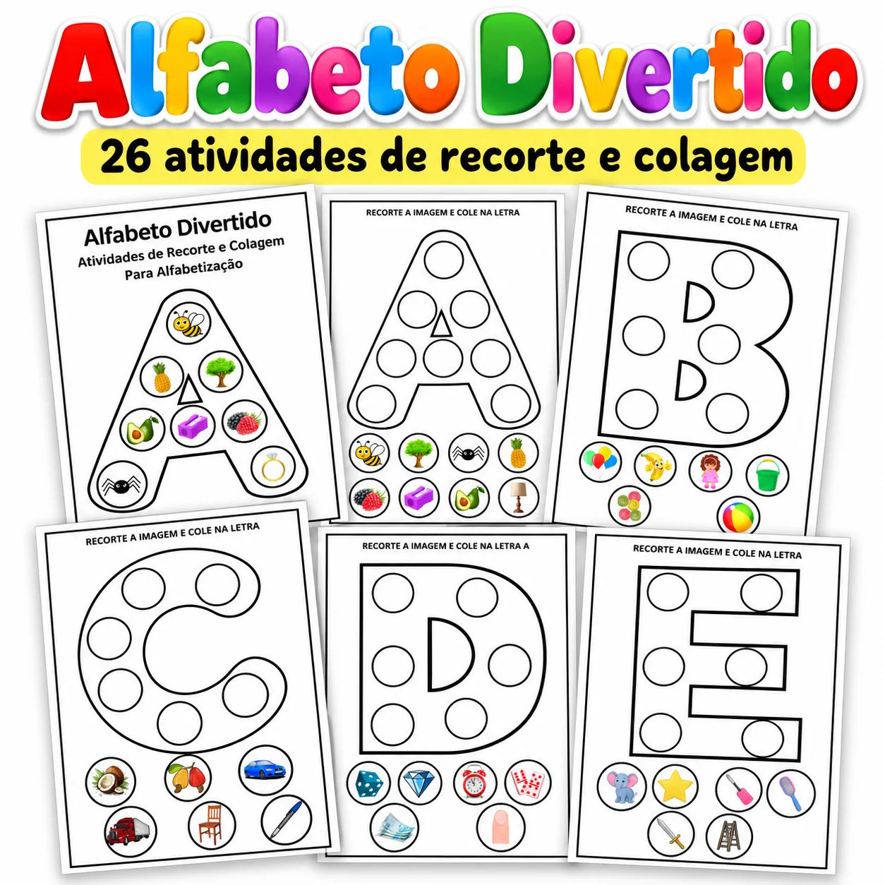 Atividades de Recorte e Colagem do Alfabeto – 26 Atividades em PDF — amostra 1: O que está incluso