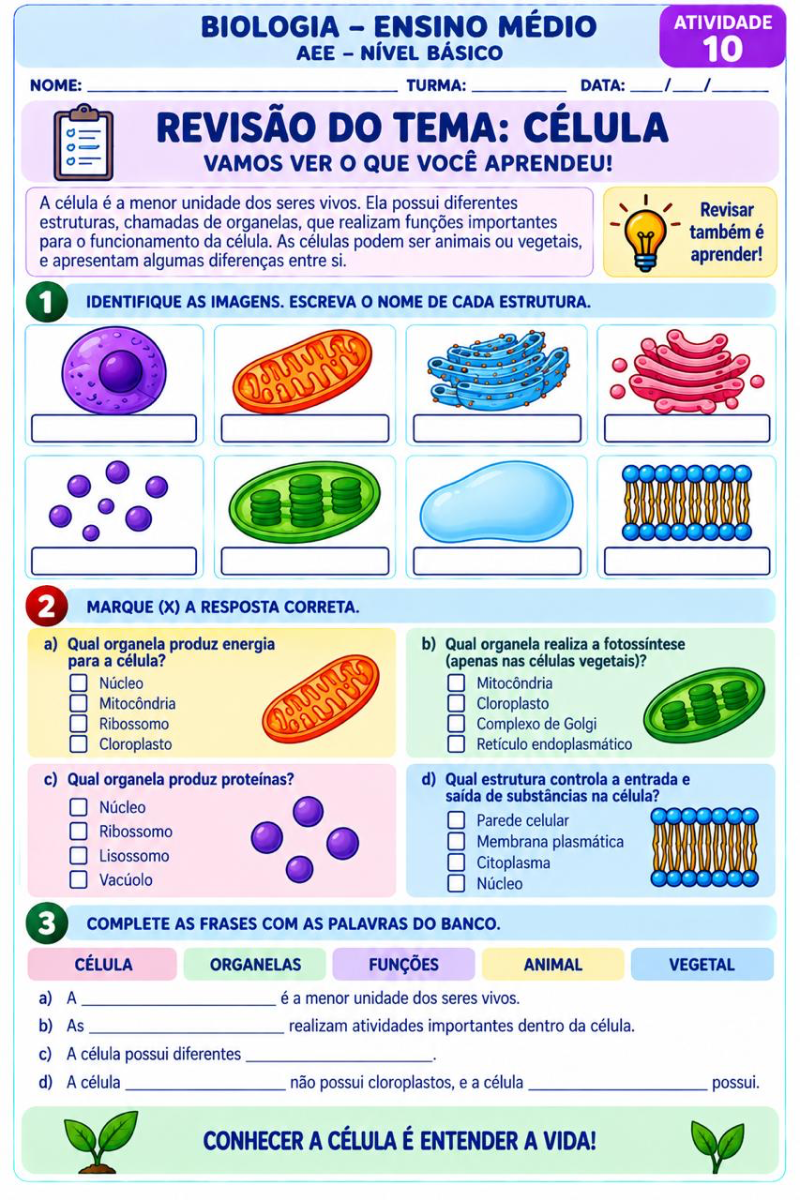 Apostila de Biologia para AEE | 20 Atividades Adaptadas — amostra 4: Apostila de Biologia para Ensino Médio – AEE, com 20…