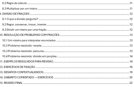 Apostila de frações com exercícios e gabarito comentado — amostra 2: O que vem no material