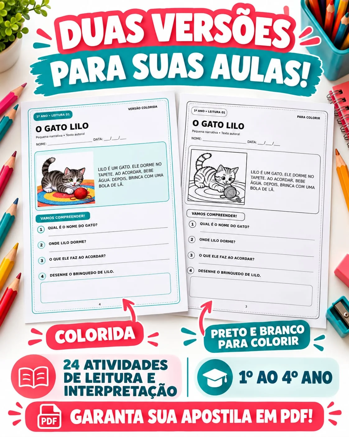 Apostila de Leitura e Interpretação – 1º ao 4º ano — amostra 6: Apostila de leitura e interpretação com 55 páginas, 24…