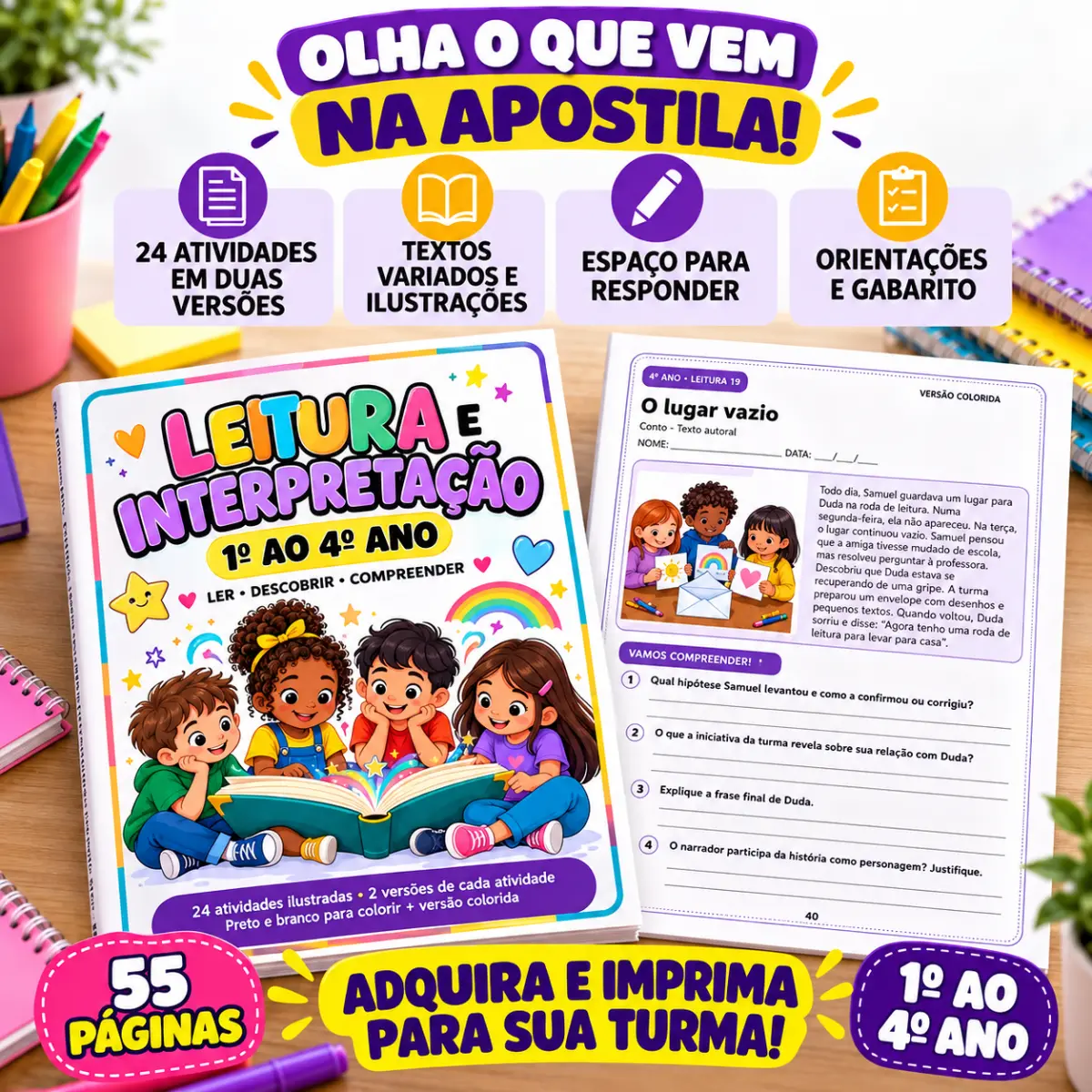 Apostila de Leitura e Interpretação – 1º ao 4º Ano — Atividades para 4º ano: Apostila de leitura e interpretação com 55…