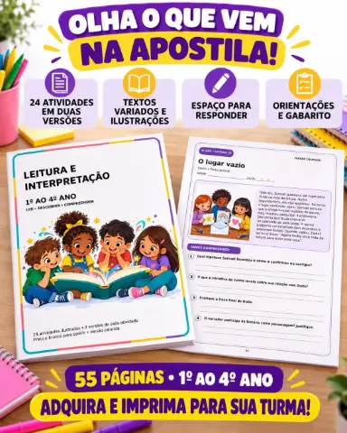 Apostila de Leitura e Interpretação do 1º ao 4º Ano — amostra 1: 24 atividades ilustradas em duas versões, com textos…