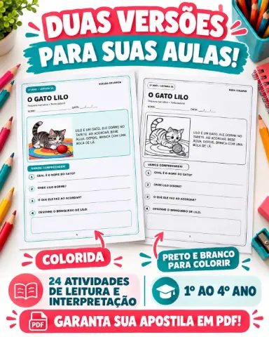 Apostila de Leitura e Interpretação do 1º ao 4º Ano — amostra 3: 24 atividades ilustradas em duas versões, com textos…