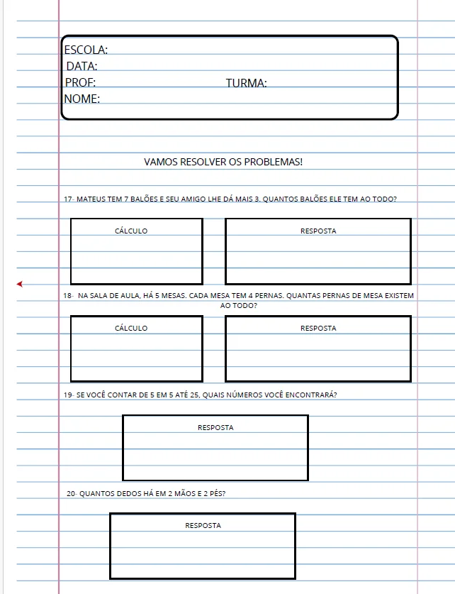 Apostila de Problemas Matemáticos - 1º e 2º Ano — amostra 2: Problemas que envolvem operações básicas de adição e…