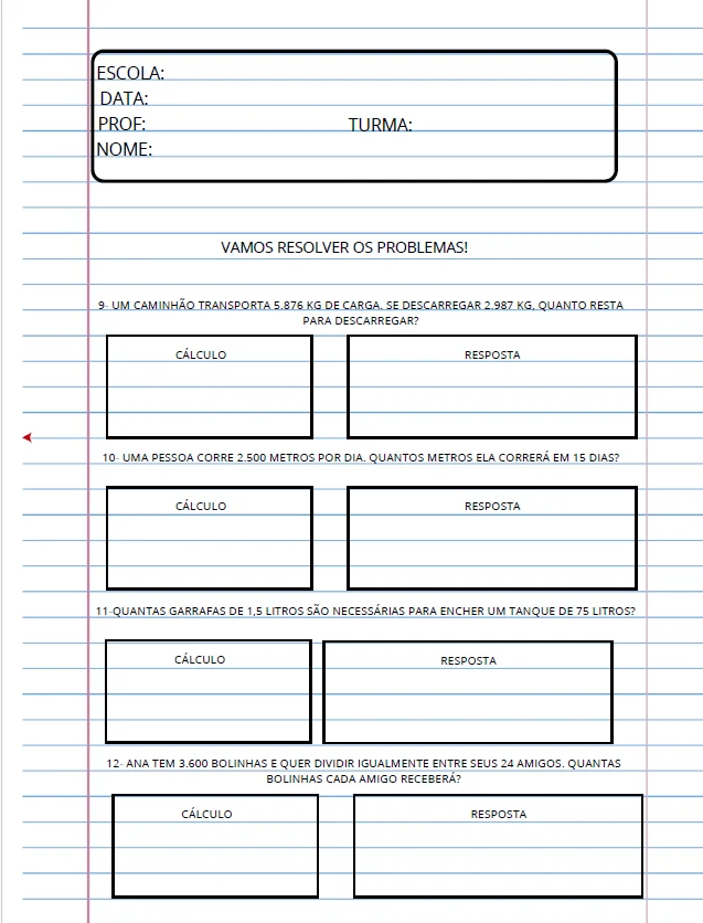 Apostila de Problemas Matemáticos - 5º Ano — amostra 3: Problemas que envolvem operações com números naturais e decimais,…