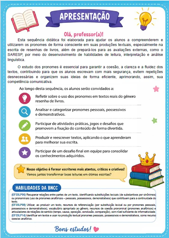 Apostila de Sequência Didática de Pronomes - 5º Ano — amostra 1: Este material contém uma sequência didática completa e…