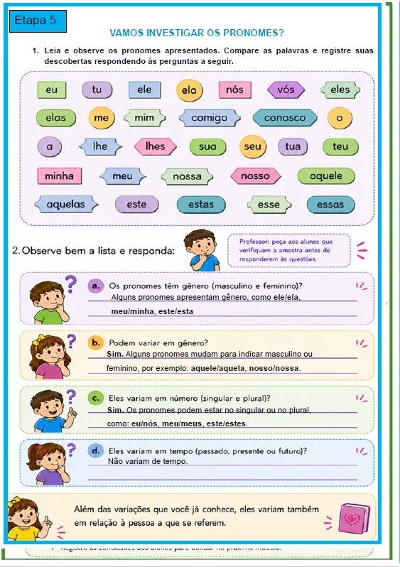 Apostila de Sequência Didática de Pronomes - 5º Ano — amostra 2: 7 etapas estruturadas de atividades ligadas à leitura,…