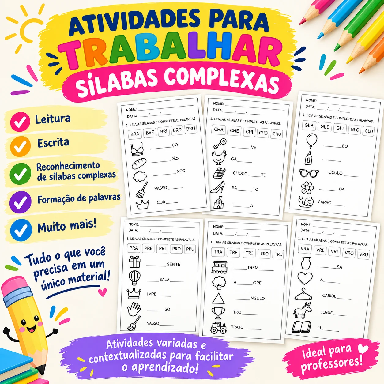 APOSTILA DE SÍLABAS COMPLEXAS | 28 ATIVIDADES DE ALFABETIZAÇÃO — amostra 1: Apostila elaborada para auxiliar no processo de…