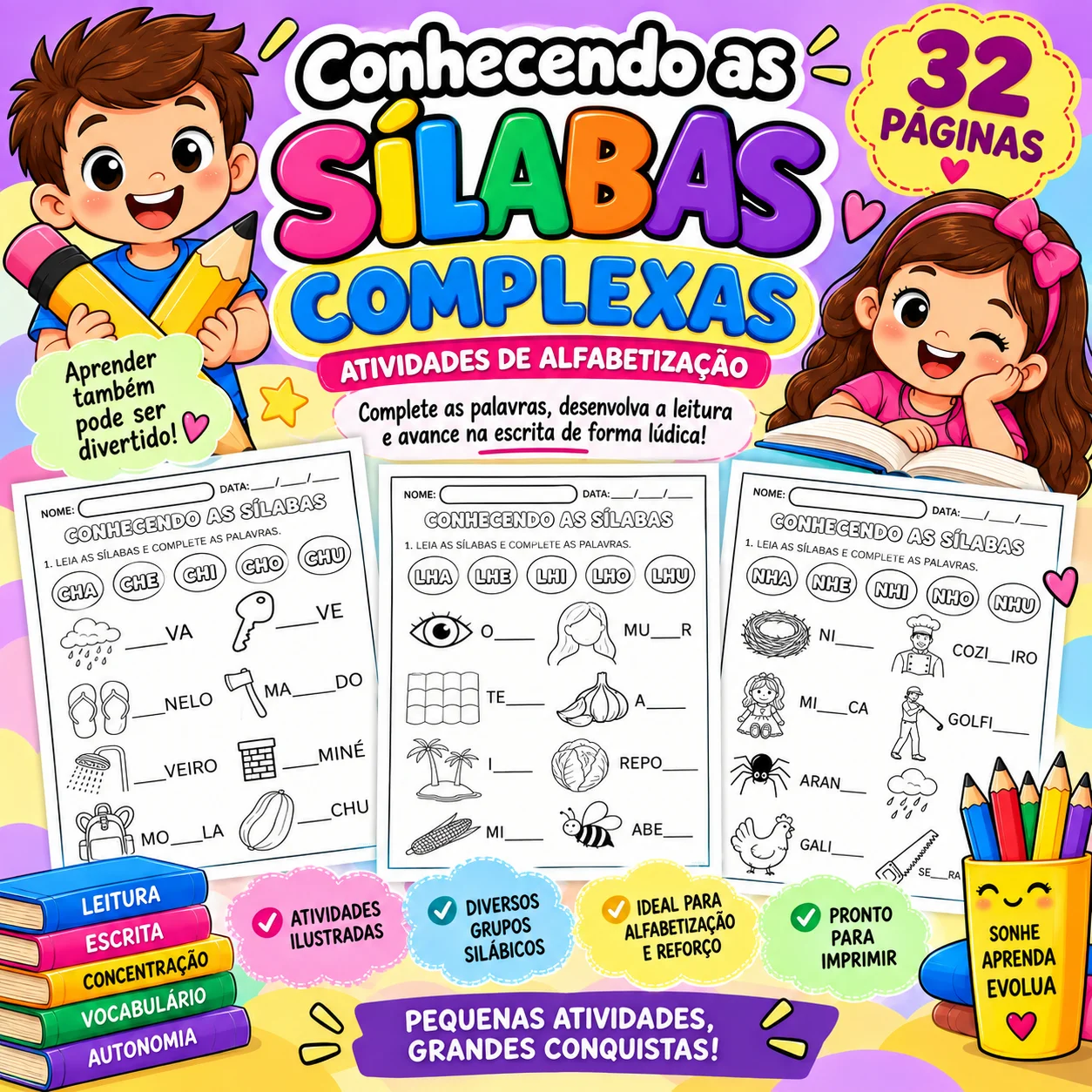 APOSTILA DE SÍLABAS COMPLEXAS | 28 ATIVIDADES DE ALFABETIZAÇÃO — amostra 2: Apostila elaborada para auxiliar no processo de…