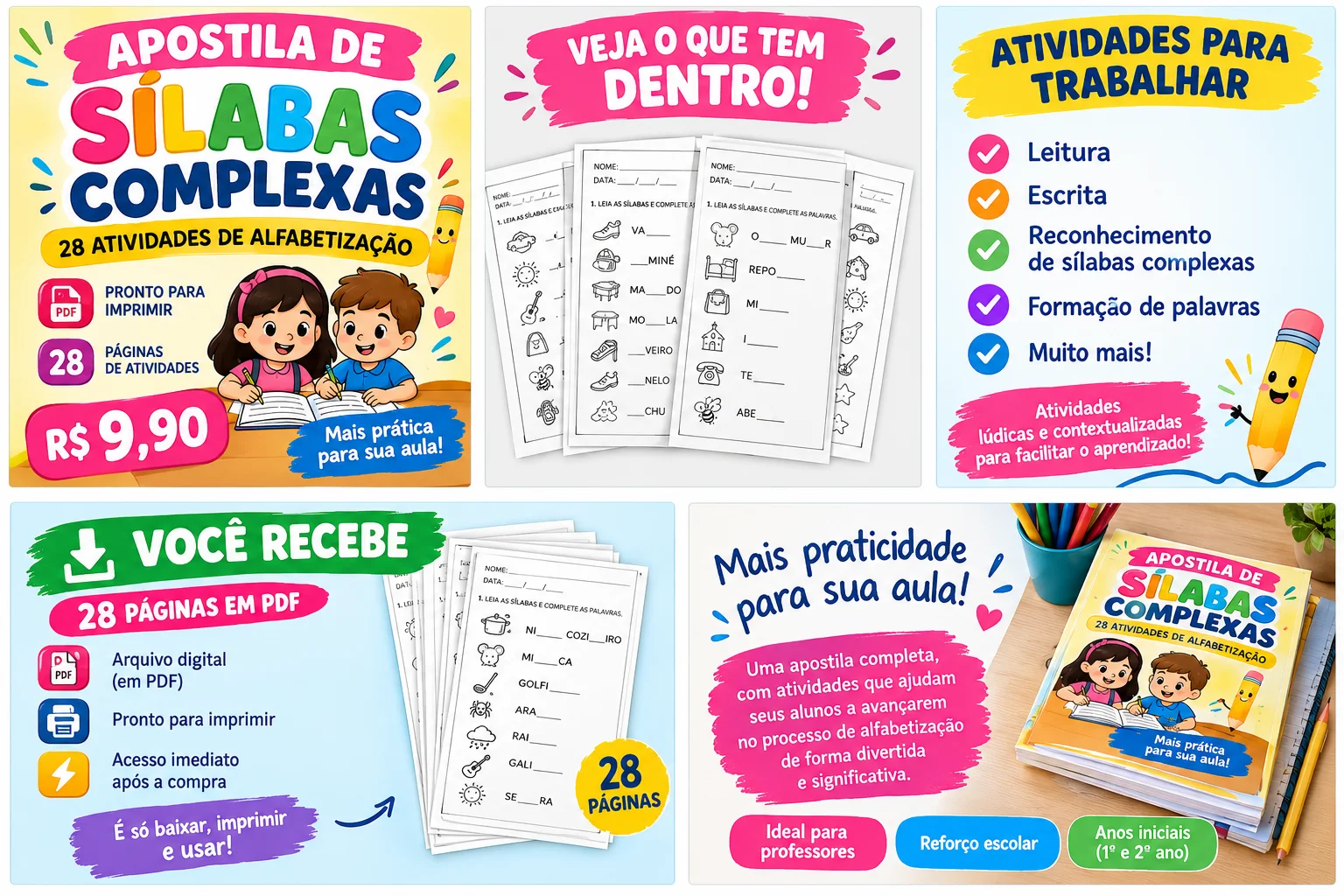 APOSTILA DE SÍLABAS COMPLEXAS | 28 ATIVIDADES DE ALFABETIZAÇÃO — amostra 4: Apostila elaborada para auxiliar no processo de…