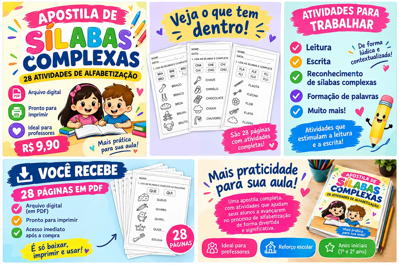 APOSTILA DE SÍLABAS COMPLEXAS | 28 ATIVIDADES DE ALFABETIZAÇÃO — capa do material