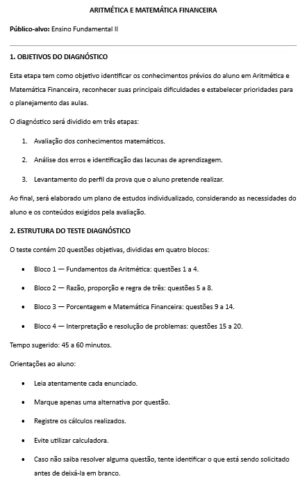 Apostila Diagnóstica - Aritmética e Matemática Financeira — amostra 1: Apostila completa de diagnóstico em matemática…