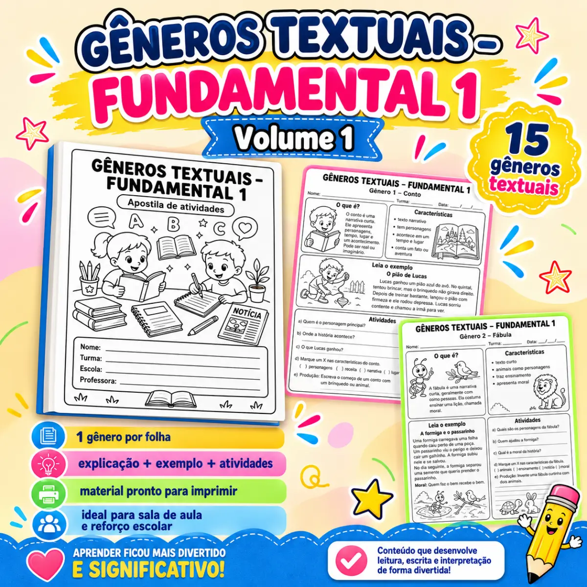 Apostila Gêneros Textuais – Fundamental 1 — Atividades para 3º ano: Apostila com 15 gêneros textuais, explicações, exemplos…