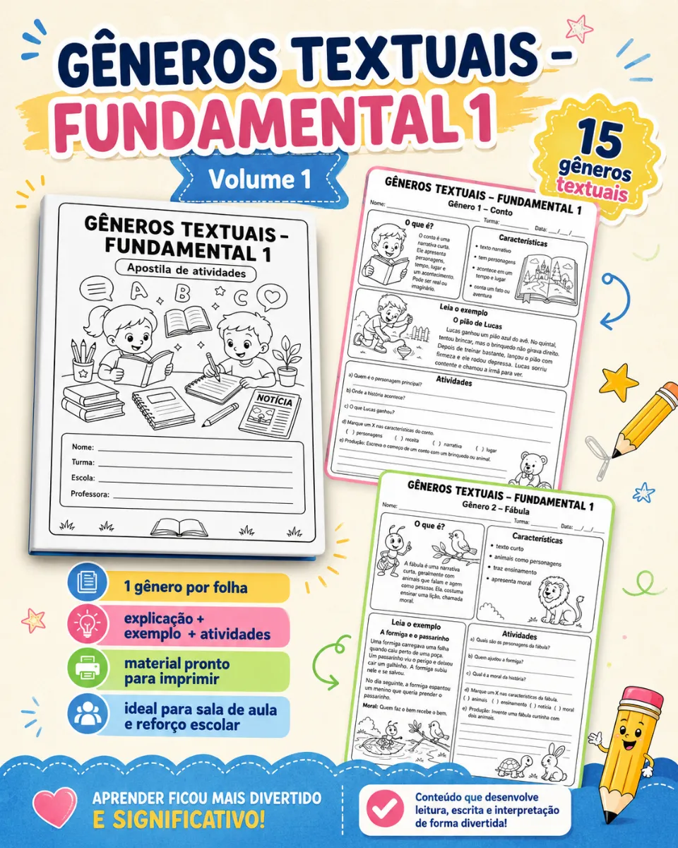 Apostila Gêneros Textuais - Português 3° ao 5° ano — Português para 3º ano: A apostila trabalha 15 gêneros textuais, com um…