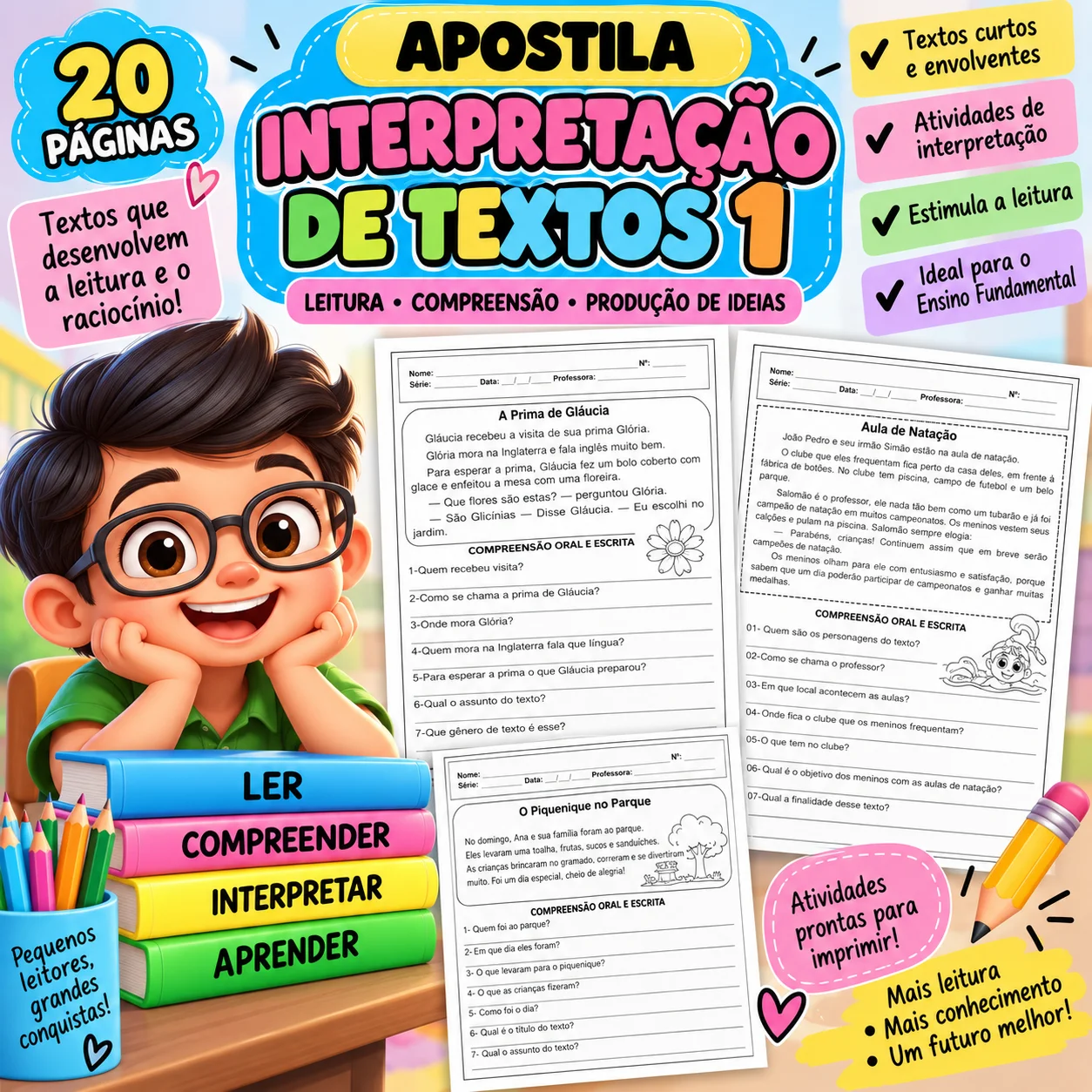 Apostila Interpretação Leitura e Compreensão Ensino Fundamental — Alfabetização para Todas as séries: Material com 14…