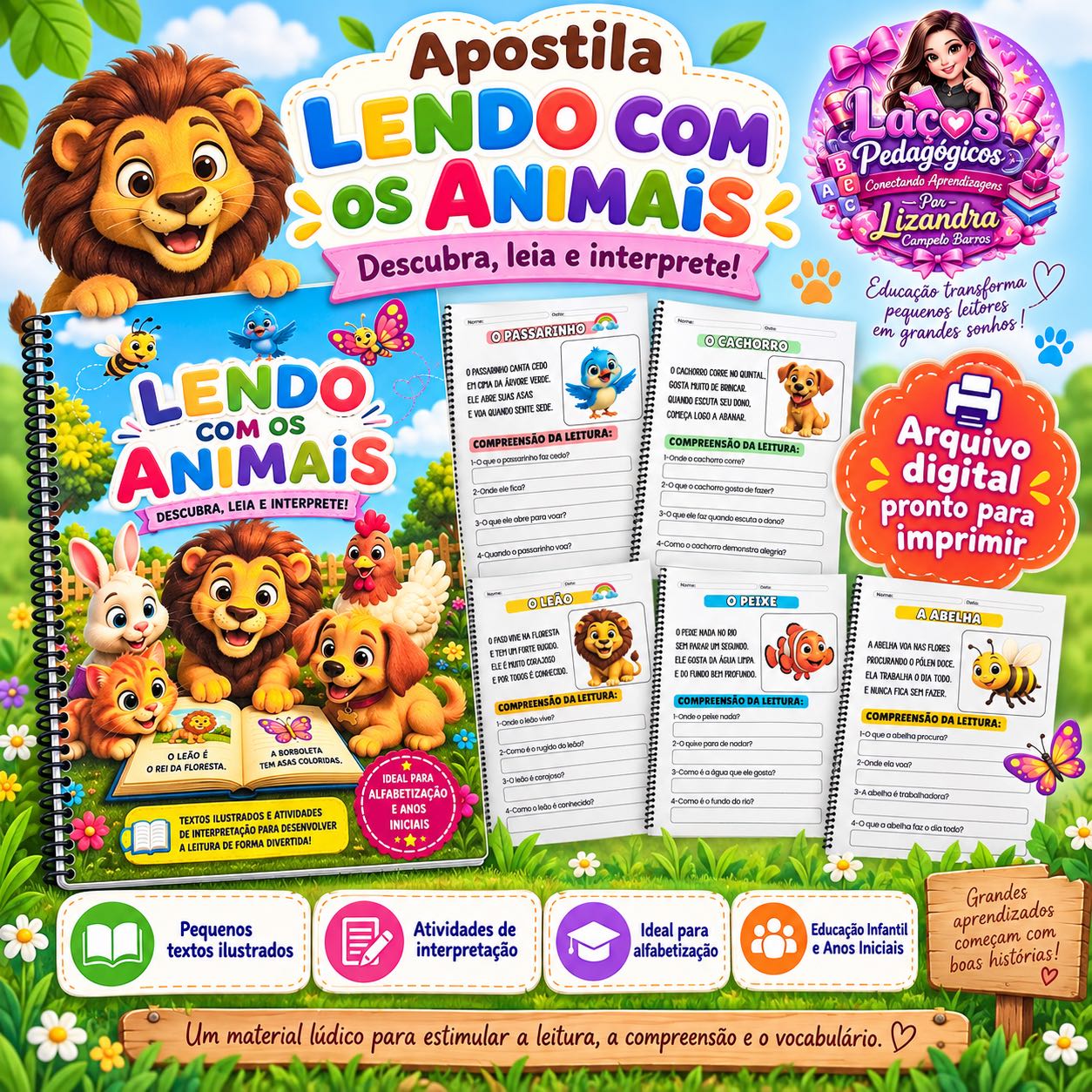 Apostila Lendo com os Animais – Leitura e Interpretação Alfabetização — capa do material