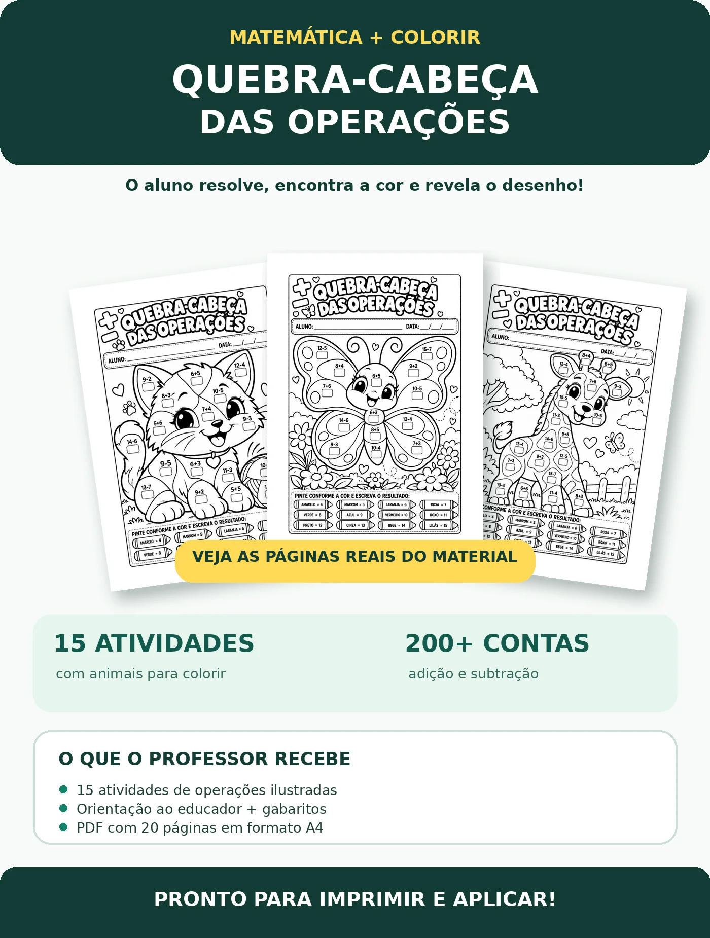 Apostila Quebra Cabeça das Operações 1º ao 3º Ano em PDF — amostra 1: Quebra Cabeça das Operações Matemáticas com Animais