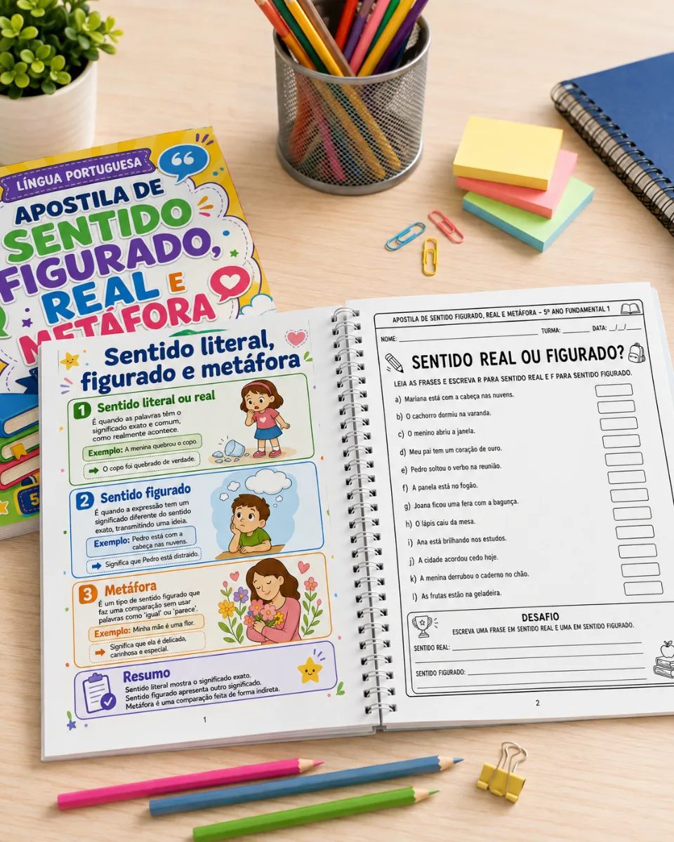 Apostila Sentido Figurado, Real e Metáfora – 5º Ano — amostra 3: ✨ Sentido literal ou real ✨ Sentido figurado ✨ Metáfora ✨…