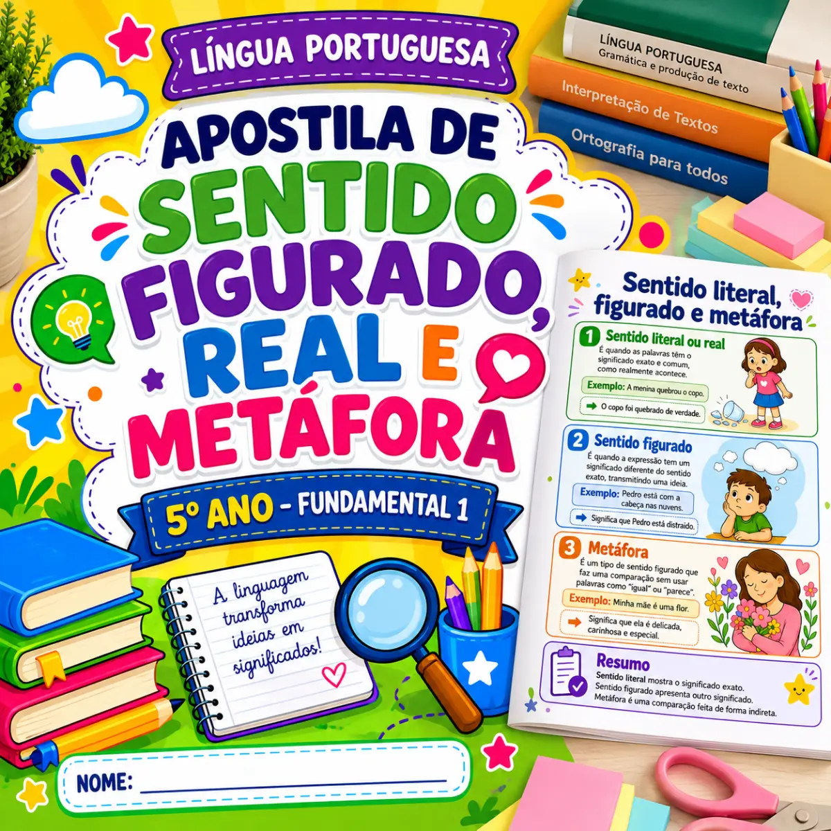 Apostila Sentido Figurado, Real e Metáfora – 5º Ano — Atividades para 5º ano: Apostila com 20 páginas sobre sentido…