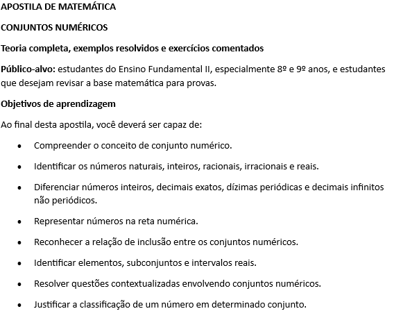 Apostila sobre Conjuntos Numéricos completa — amostra 1: Apostila de Conjuntos Numéricos