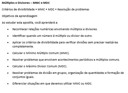 Apostila sobre MMC e MDC - EF II — amostra 1: Apostila completa com explicações, exemplos, exercicios e gabarito comentado