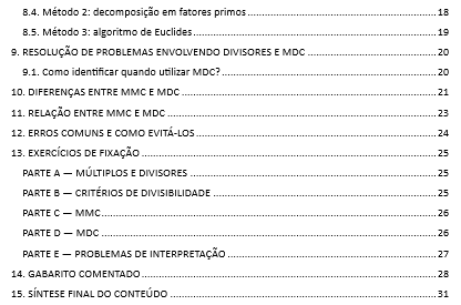 Apostila sobre MMC e MDC - EF II — amostra 3: Apostila completa com explicações, exemplos, exercicios e gabarito comentado