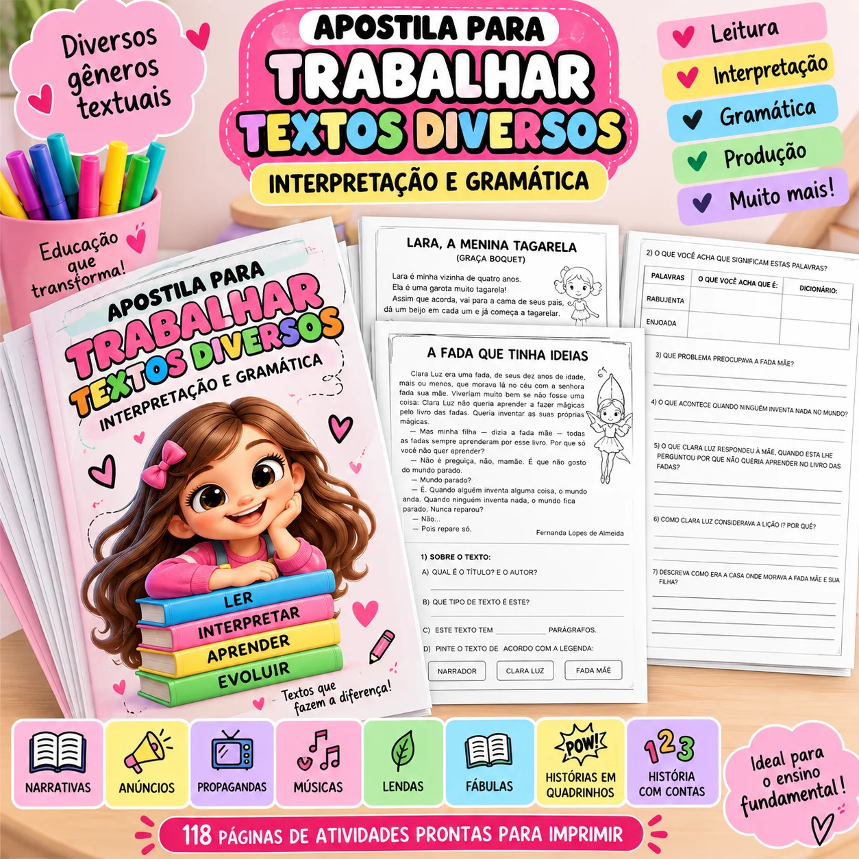 Apostila Textos Diversos – Interpretação e Gramática — amostra 1: Apostila completa para trabalhar leitura, interpretação…