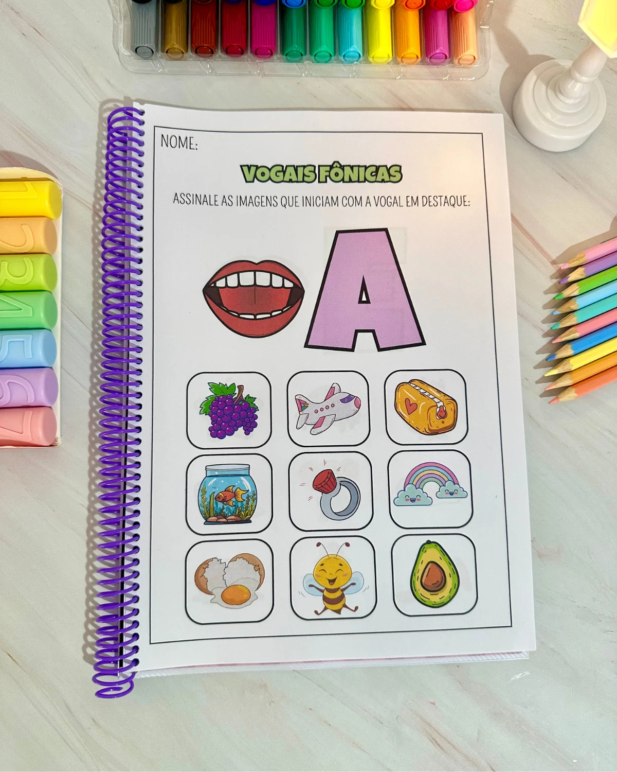 Apostila Vogais Fônicas — amostra 3: Material com 34 páginas para trabalhar os sons das vogais por meio de imagens e…