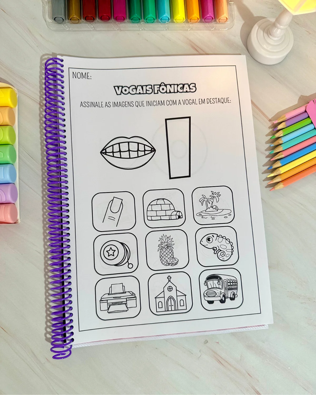 Apostila Vogais Fônicas — amostra 4: Material com 34 páginas para trabalhar os sons das vogais por meio de imagens e…