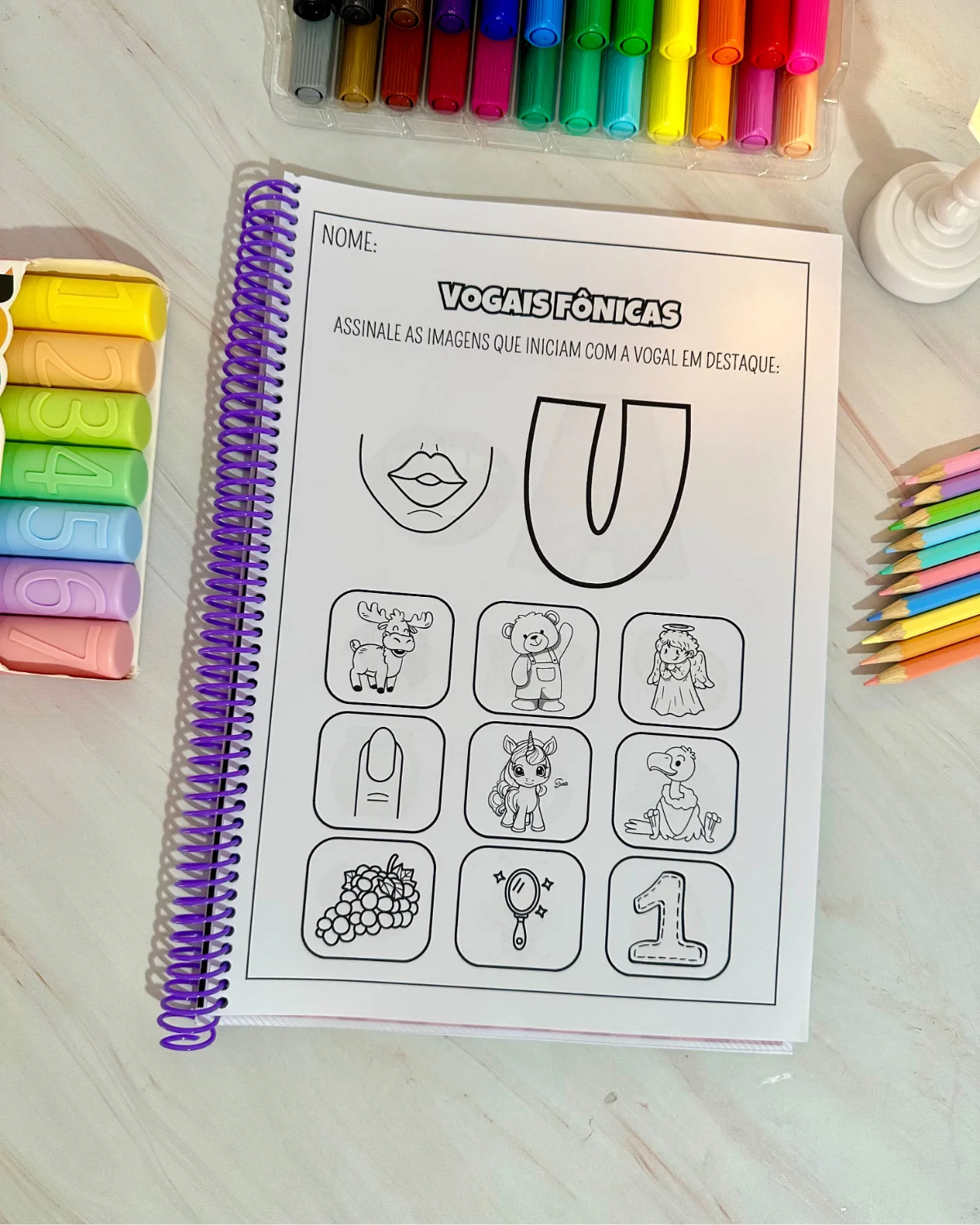 Apostila Vogais Fônicas — amostra 5: Material com 34 páginas para trabalhar os sons das vogais por meio de imagens e…