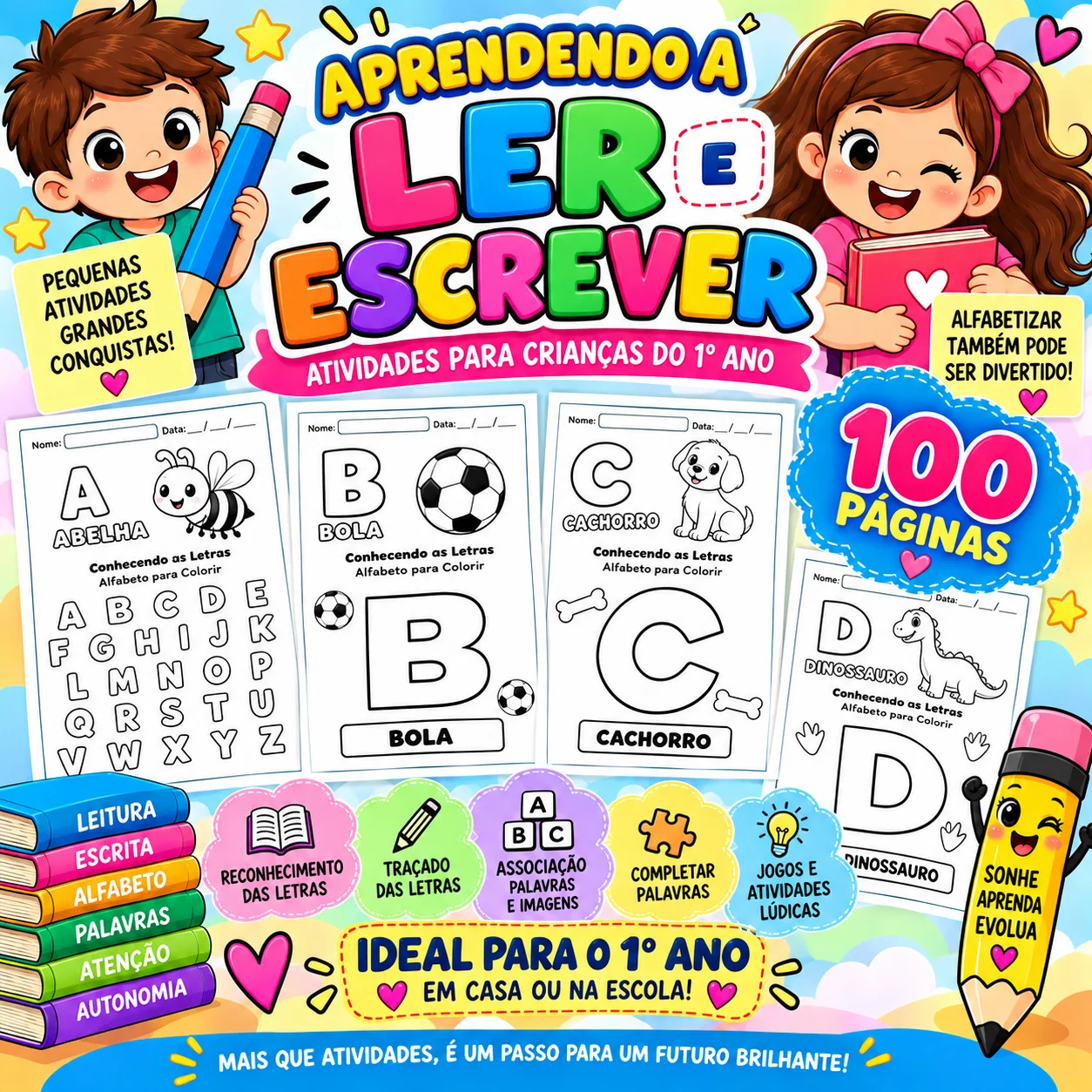 Aprendendo a Ler e Escrever – 100 Atividades para o 1º Ano — capa do material