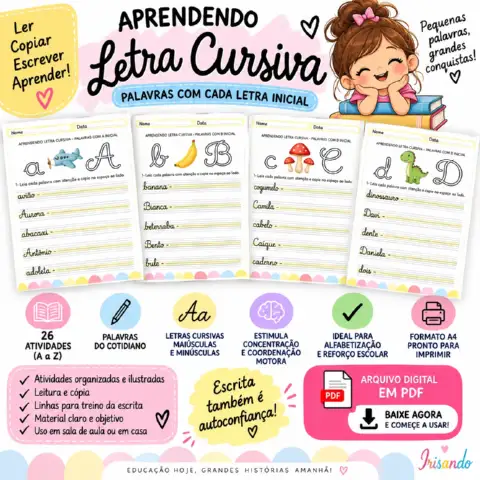 Aprendendo Letra Cursiva - A a Z - Alfabetização — amostra 1: 📚 26 atividades para praticar letra cursiva de A a Z, com…