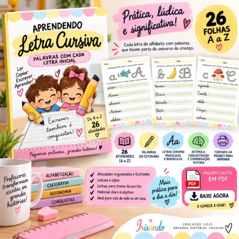 Aprendendo Letra Cursiva - A a Z - Alfabetização — amostra 2: 📚 26 atividades para praticar letra cursiva de A a Z, com…