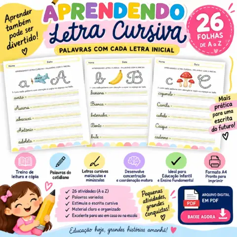 Aprendendo Letra Cursiva - A a Z - Alfabetização — capa do material