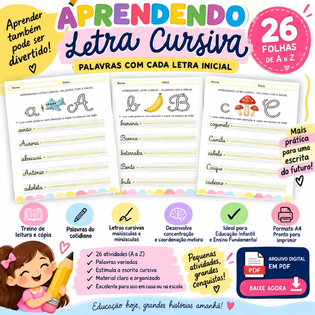 Aprendendo Letra Cursiva - A a Z - Alfabetização — Alfabetização para Educação Infantil: 📚 26 atividades para praticar…