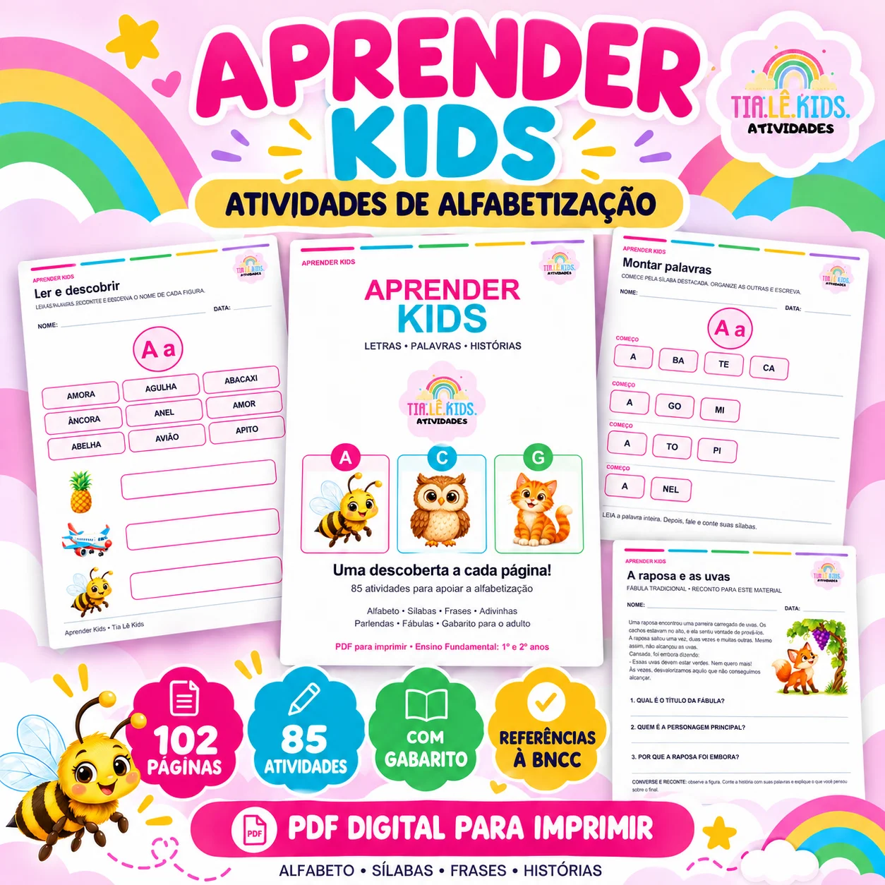 Aprender Kids – 85 Atividades de Alfabetização | PDF com 102 Páginas — capa do material