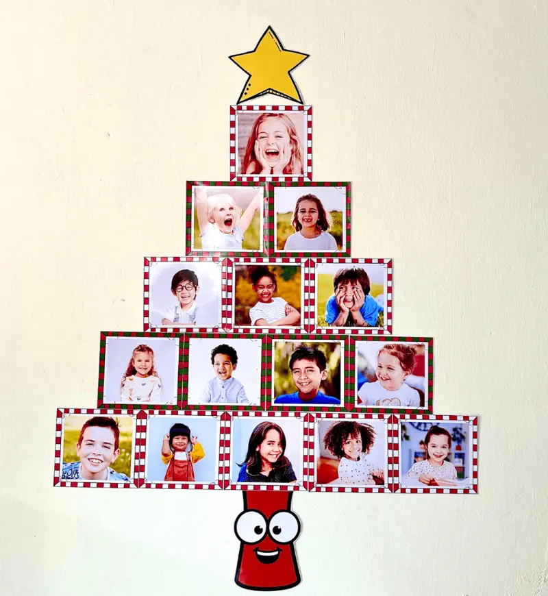Árvore de Natal com Fotos: Mural em PDF para Imprimir — amostra 1: Árvore de Natal com fotos para o ambiente escolar