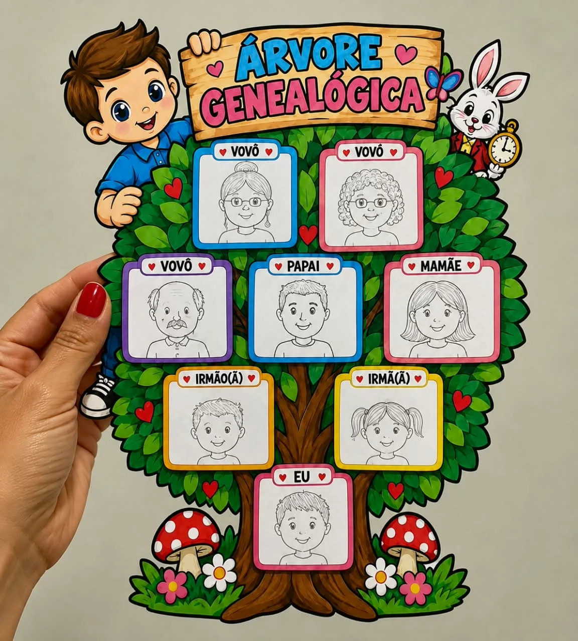 ÁRVORE GENEALÓGICA — amostra 1: A criança poderá desenhar cada integrante da família nos espaços indicados, deixando a…