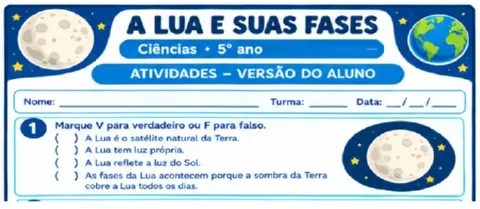 Atividade A Lua e suas fases em pdf para 5º ano — amostra 1: A Lua e suas Fases – Atividade de Ciências para o 5º Ano
